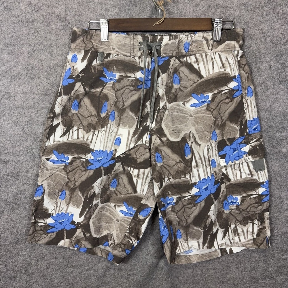 Zegna Sport Swim Trunks Shorts Mens Sz S Brown Blue Tropical Floral Hibiscus
